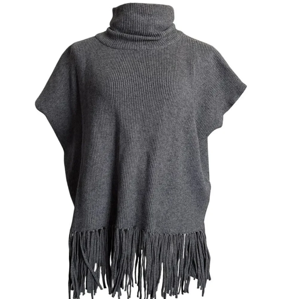 FRINGE Molly Bracken Gray Knit Poncho Sweater Turtleneck Pullover One Sz